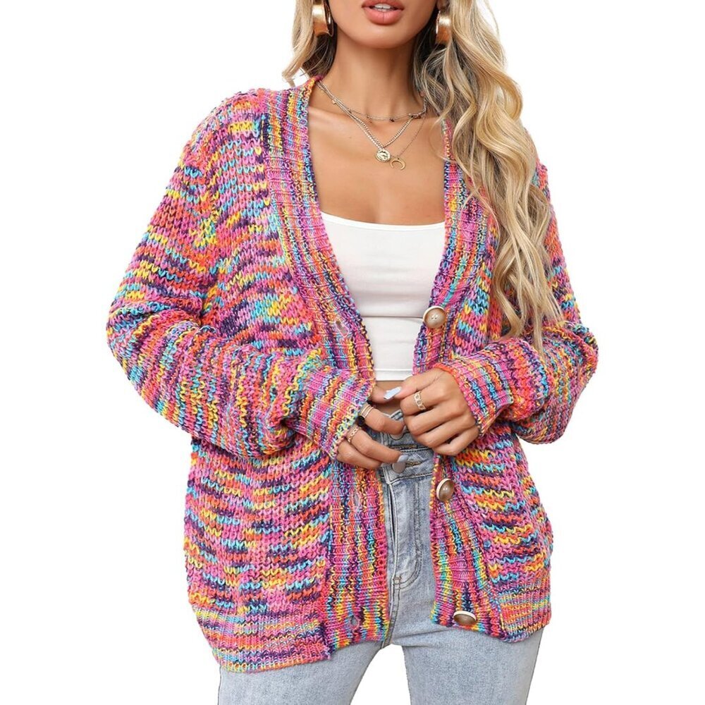Women's Color Block Knitted Cardigan Multicolor Rainbow Button Down
